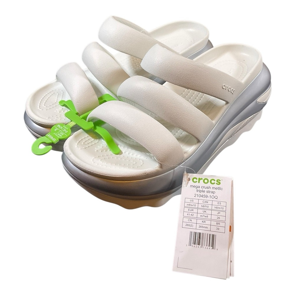 Crocs Mega Crush Triple‎ Strap Sandal Unisex M 8 W 10 White Silver 210459-OQ